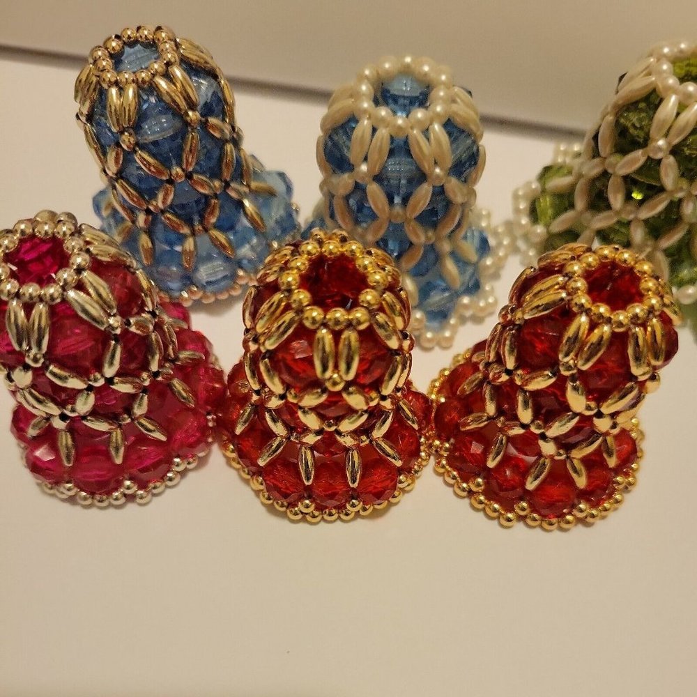 8 Vintage 1980's Pearl Beaded Handmade BELL CHRISTMAS ORNAMENTS green blue red - Picture 7 of 7